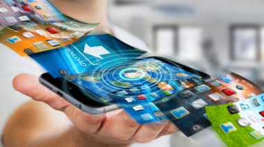 İşadamı modern cihaz 3d rende üzerinde telefon arka plan değiştirme