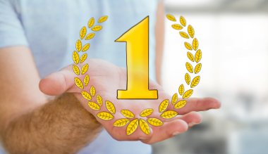 Elle çizilmiş kazanan kupa simgeler tutan işadamı