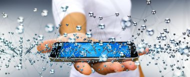 İşadamı soyut bağlantı arabirimi holding telefon 3d 