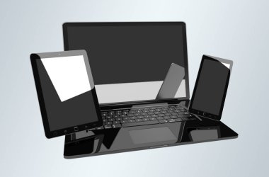 Dizüstü bilgisayar cep telefonu ve tablet 3d render birbirine bağlı