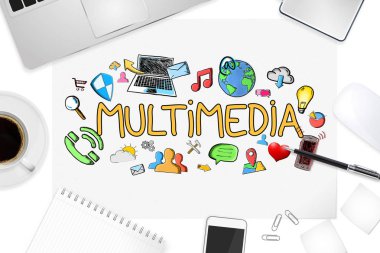 Office arka plan üzerinde çoklu ortam simgeleri çizilmiş