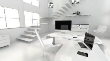 Bilgisayarı ve aygıtları 3d render ile modern beyaz ofis iç