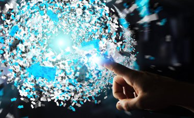 Onun f ile 3D render veri ağ küre dokunmadan işadamı