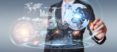 İşadamı hologram ekran dijital veri ile kullanma