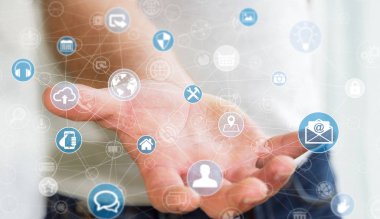 Çoklu ortam ağ 3d render tutan işadamı