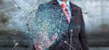 Onun f ile 3D render veri ağ küre dokunmadan işadamı