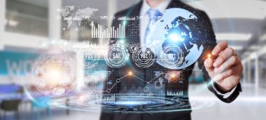 İşadamı hologram ekran dijital veri ile kullanma