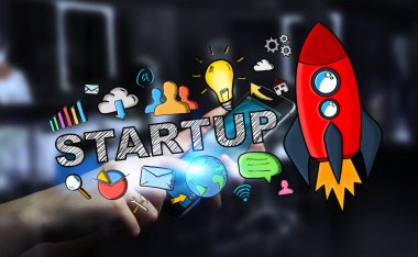 İşadamı kırmızı başlangıç çizim tutan koyu arka plan üzerinde