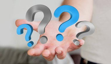 Soru işaretleri 3d render elinde tutan işadamı