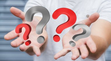 Soru işaretleri 3d render elinde tutan işadamı