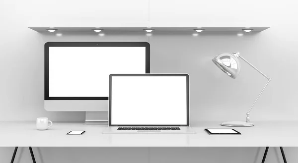 Εσωτερικό σύγχρονο λευκό γραφείο με υπολογιστή και συσκευές 3d renderin — Φωτογραφία Αρχείου