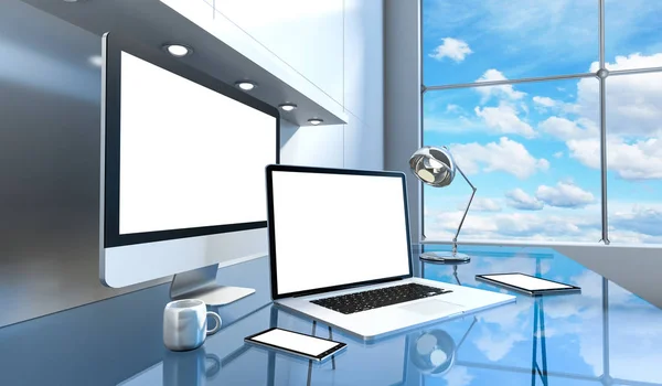 Intérieur moderne de bureau en verre avec ordinateur et appareils 3D renderin — Photo