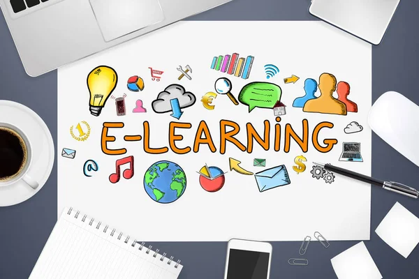E-Learning-Text und Symbole auf dem Hintergrund des Büros — Stockfoto