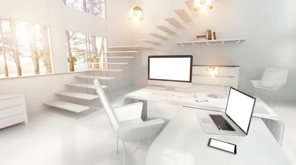 Bilgisayarı ve aygıtları 3d render ile modern beyaz ofis iç — Stok fotoğraf