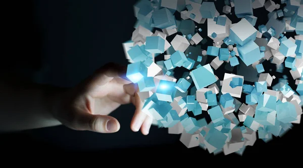 Mujer de negocios tocando volar esfera abstracta con brillante cubo 3D —  Fotos de Stock