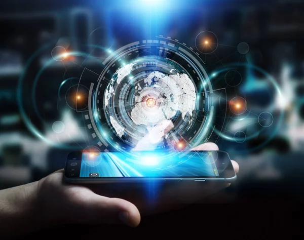 Businessman using hologram screen with digital data — Stock Photo, Image