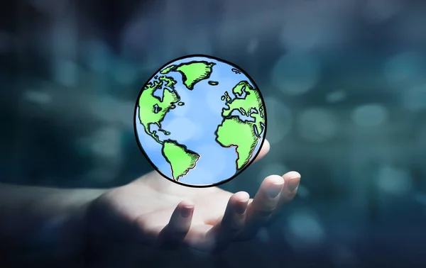 Geschäftsfrau hält von Hand gezeichneten Planeten Erde — Stockfoto