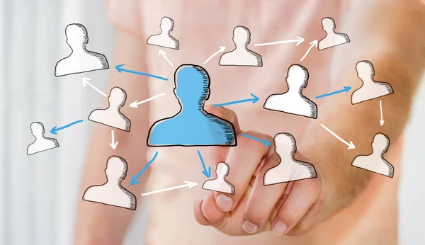 Empresário tocando mão desenhada rede social — Fotografia de Stock