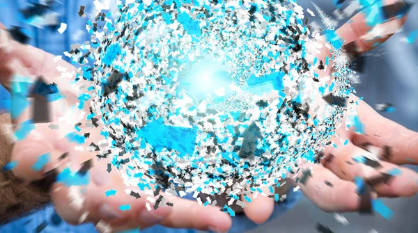 Homme d'affaires tenant la sphère de réseau de données de rendu 3D dans sa main — Photo