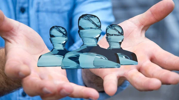 Businessman holding shiny glass avatar group 3D rendering