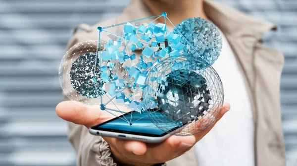 Empresário segurando voar esfera abstrata sobre o telefone móvel 3D — Fotografia de Stock