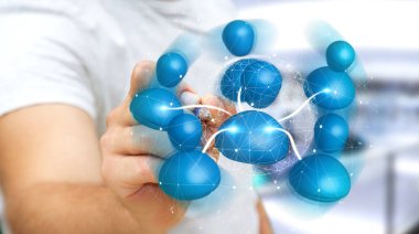 Sosyal ağ 3d render bağlanmak için bir kalem kullanarak iş adamı