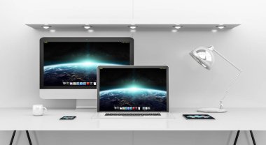 Modern beyaz Resepsiyon iç bilgisayar ve aygıtları 3d renderin