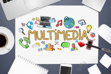 Office arka plan üzerinde çoklu ortam simgeleri çizilmiş