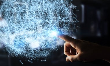 Onun f ile 3D render veri ağ küre dokunmadan işadamı