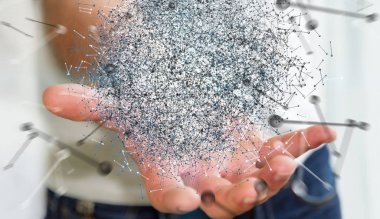 3D render veri ağ küre elinde tutan işadamı