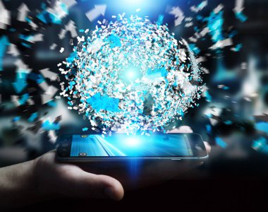 3D render veri ağ küre ile onun mobi kullanarak iş adamı