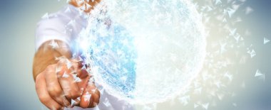 Onun f ile 3D render veri ağ küre dokunmadan işadamı