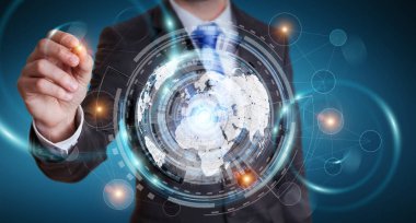 İşadamı hologram ekran dijital veri ile kullanma