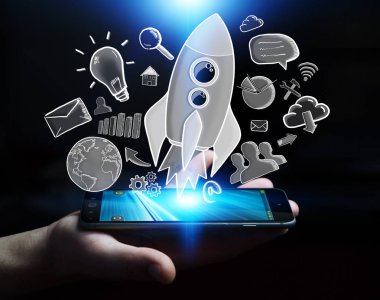 Elle çizilmiş roket elinde tutan işadamı