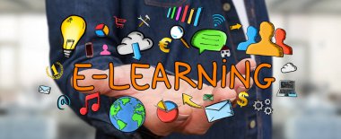 E-öğrenme sunu çizilmiş tutan işadamı