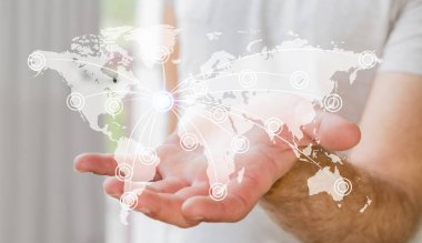 İşadamı Office dijital dünya harita tutarak