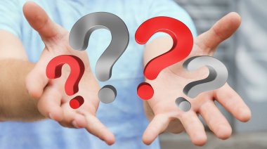 Soru işaretleri 3d render elinde tutan işadamı