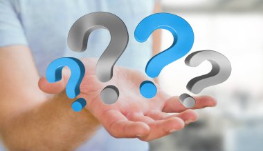 Soru işaretleri 3d render elinde tutan işadamı