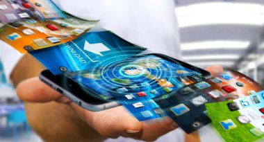 İşadamı modern cihaz 3d rende üzerinde telefon arka plan değiştirme