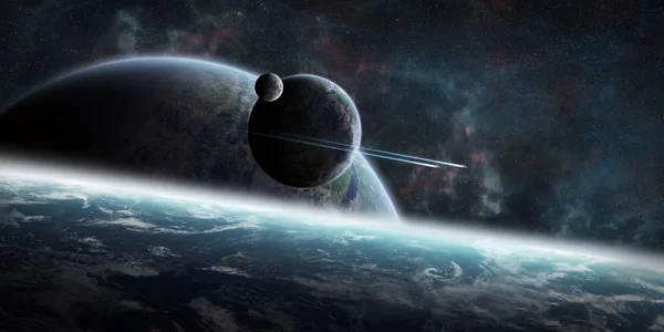 Napkelte felett távoli bolygón rendszer space 3d rendering elem — Stock Fotó