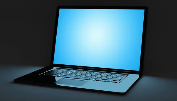 Moderner schwarzer Laptop auf schwarzem Hintergrund — Stockfoto