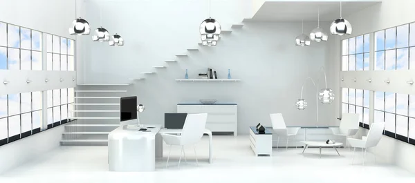 Interior de escritório branco moderno com computador e dispositivos 3D render — Fotografia de Stock