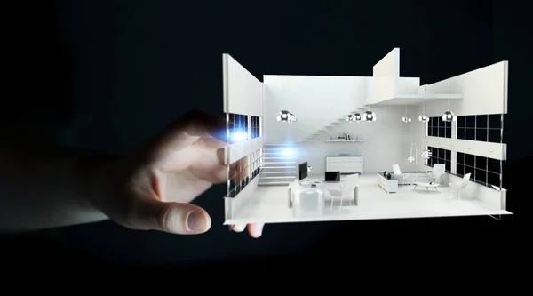 Бізнес-леді торкається білої 3D візуалізації квартири з її фін — стокове фото