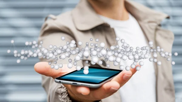 Businessman holding abstract connection interface over phone 3D — Stock Photo, Image