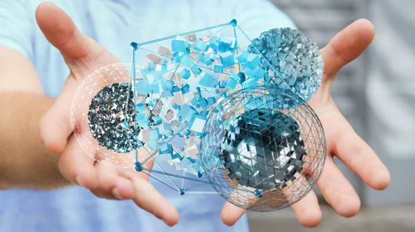 Empresario sosteniendo volando esfera abstracta con brillante cubo 3D re — Foto de Stock