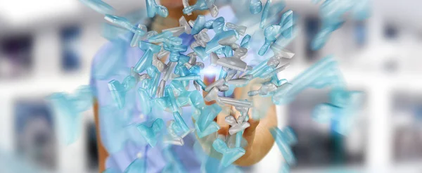 Businesswoman touching shiny glass avatar group 3D rendering