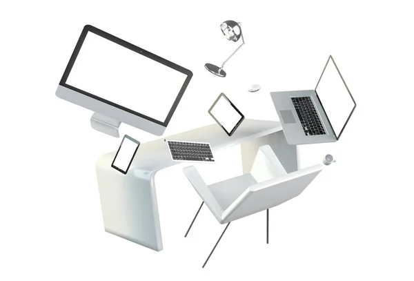 3D rendering flying workplace with laptop phone and tablet — Stock Photo, Image