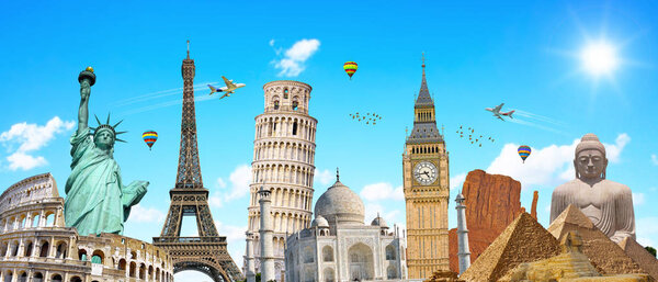 Famous landmarks of the world grouped together in front of blue sky