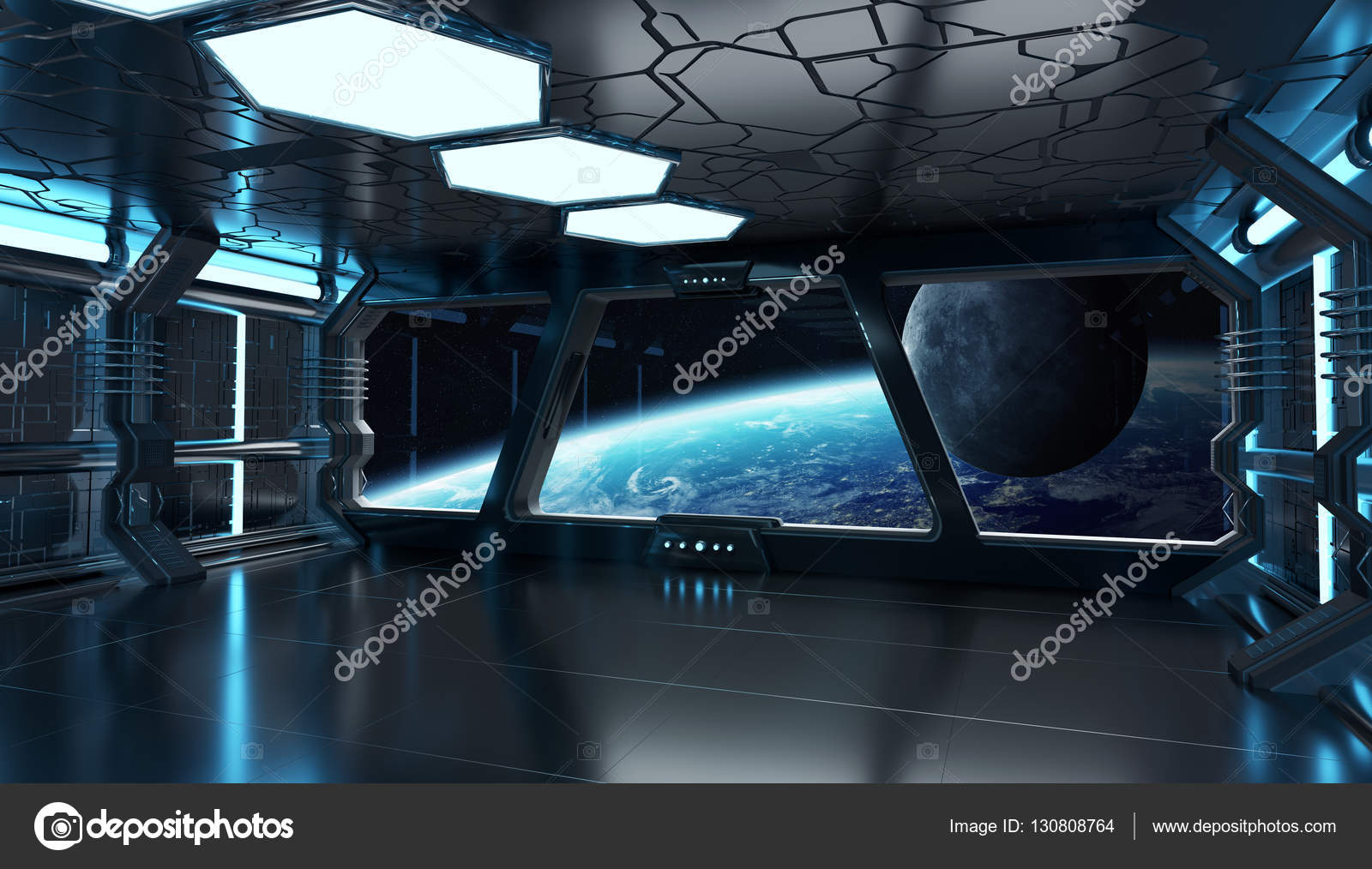 Spaceship Interior With View On The Planet Earth Elements Of