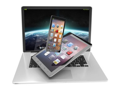 Dizüstü bilgisayar cep telefonu ve tablet 3d render birbirine bağlı